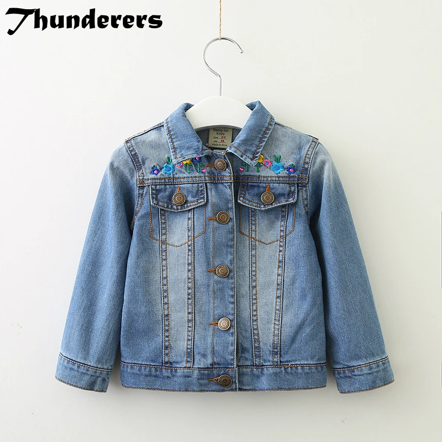

2018 New Arrival Girls Denim Jacket Embroidered Girl Flowers Brand Apparel Long Sleeve Denim Outerwear Coats