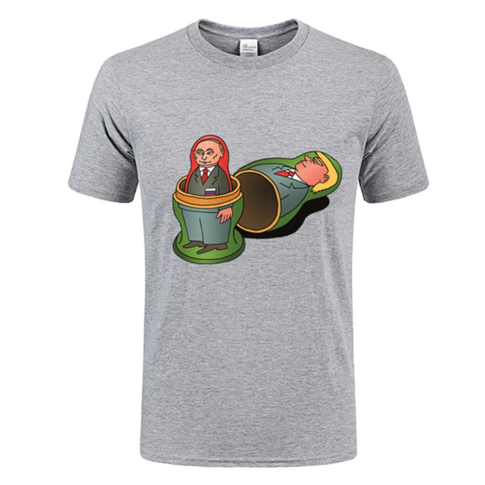 

2018 Russia Matreshka Vladimir Putin T Shirt Mens Comic Set Nesting Doll Down Trump t-shirts Male Characters Printed Fun Shirts
