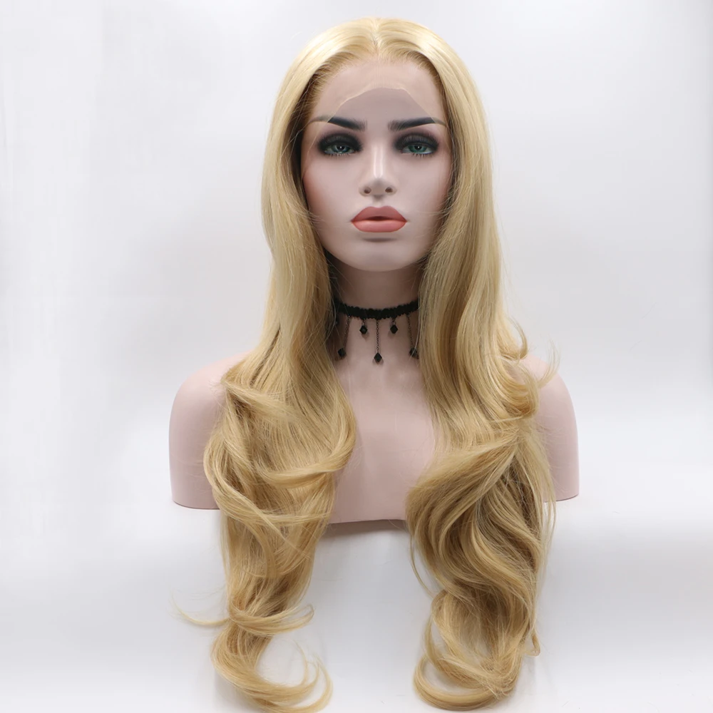Фэнтези красота блонд средняя часть длинные волнистые синтетические волосы на кружеве парики светильник коричневые волосы Замена Парик с естественными волосами