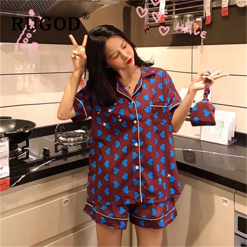 

RUGOD Hot sale Korean women pajamas Fashion hearted printed sleepwear suits female Harajuku short sleeve 3 pieces homewear sets