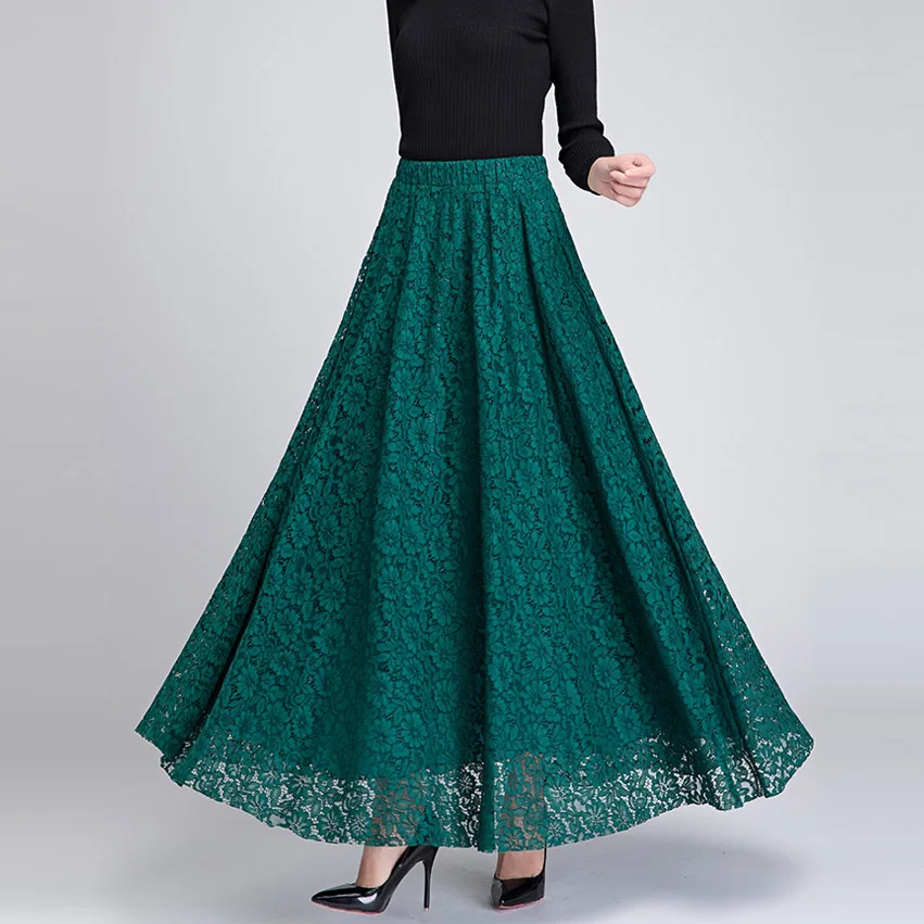 

2019 New Spring Autumn Blue Black Green long Full Lace Female High Waist Plus Size Dance Sun Umbrella Long Maxi Skirts Womens