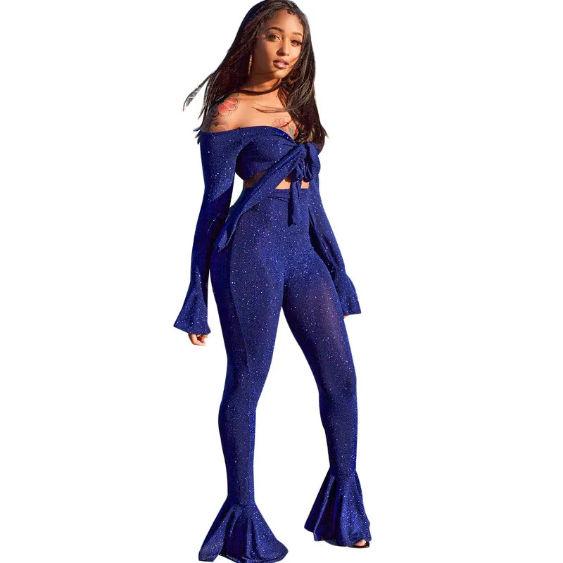 

Sexy Autumn Two Piece Set Women Off Shoulder Long Sleeve Crop Top+ Elastic High Waist Flare Pants Party Glitter Matching Outfits