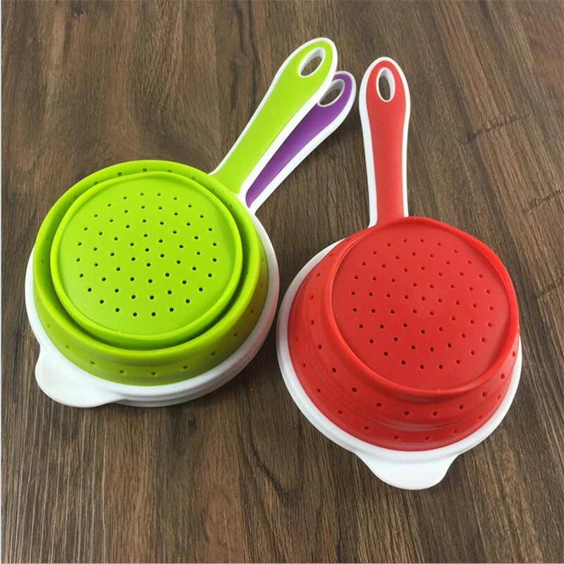 

Portable Eco-friendly Silicone Strainer Drain Noodles Pasta Scoop Vegies Colander Folding Fruits Basket with Handle Kitchen Tool