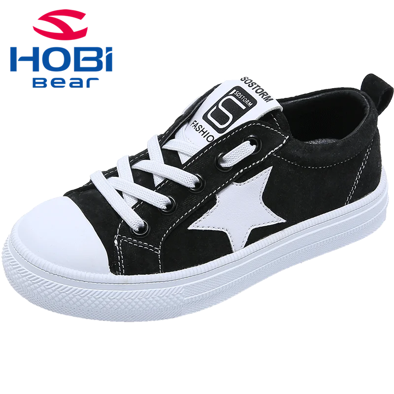 Kids Shoes for Boys Canvas Black Star Lace up Sneakers Rubber Soft Sole