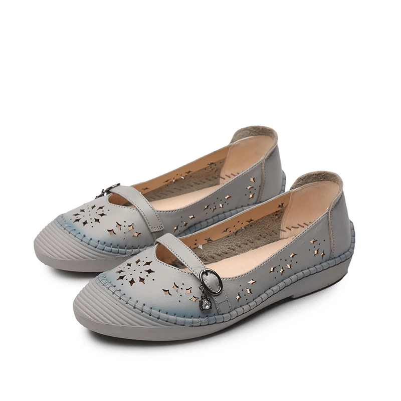 BeckyWalk/Летняя женская обувь из натуральной кожи; повседневная обувь на плоской подошве высокого качества; женские сандалии на плоской подошве с вырезами; WSH2954 - Цвет: Серый
