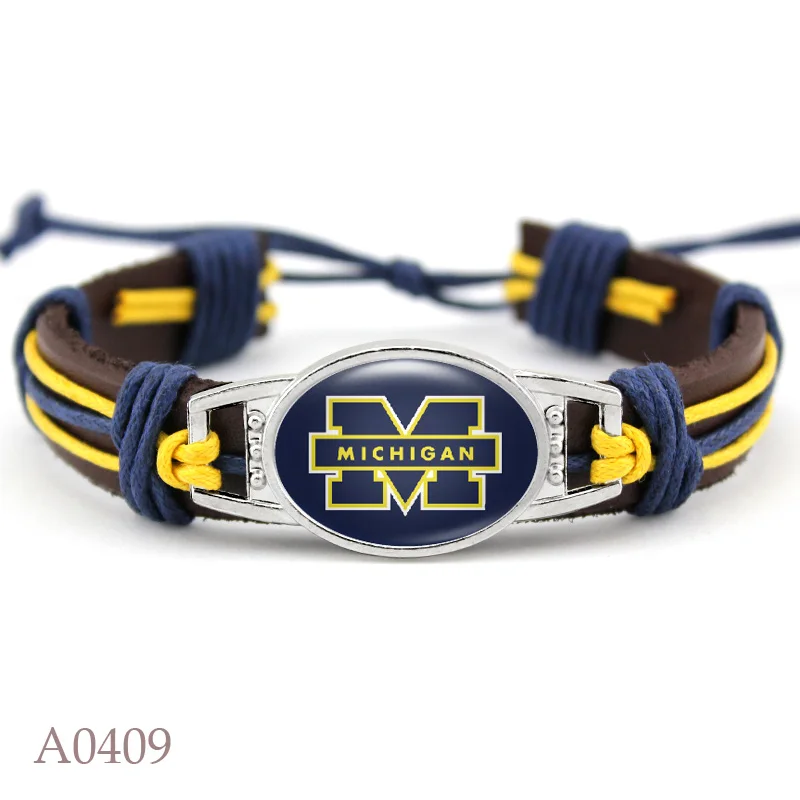 

Custom 18*25mm Glass Michigan Charm Real Leather Bracelet Basketball Sports Team Adjustable Bracelets & Bangles For Man Woman