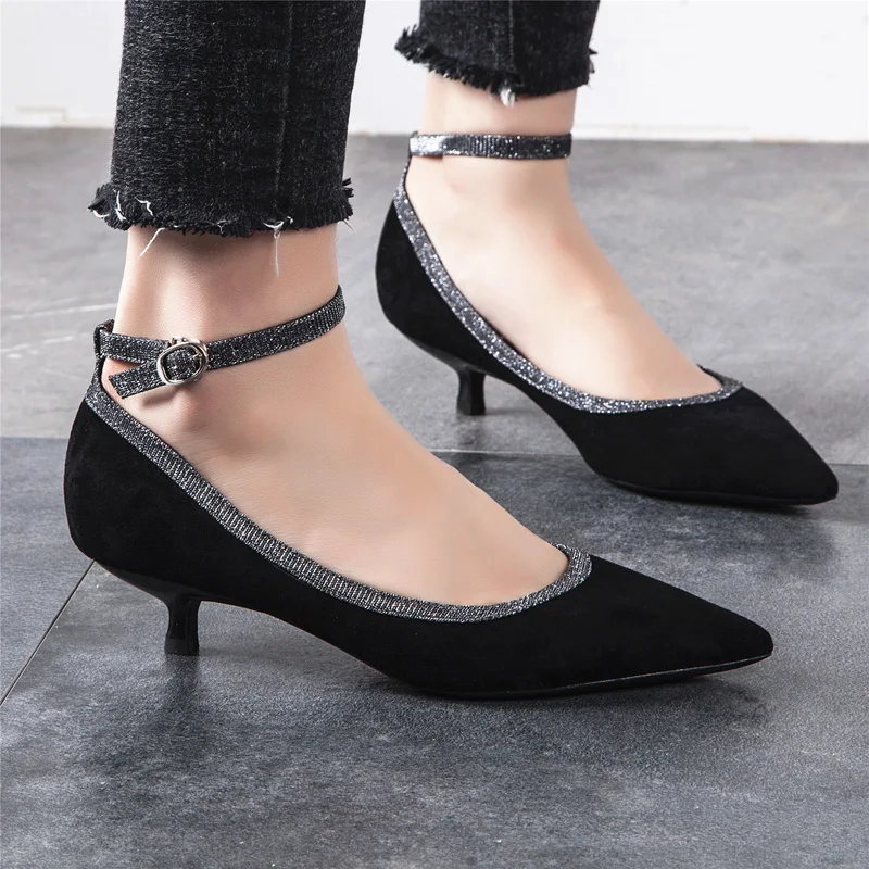 

Suede buckle Pumps Woman med Heels Slides Pointed toe Sandals patchwork shoes Black blue apricot high quality Sandalias mujer
