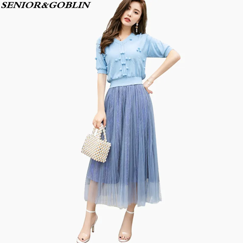 

Two Piece Set 2019 New Summer Women Knitted Venonat Tops And Blouses+Long Mesh Pleated Skirts Suits Long Skirt 2 Piece Set