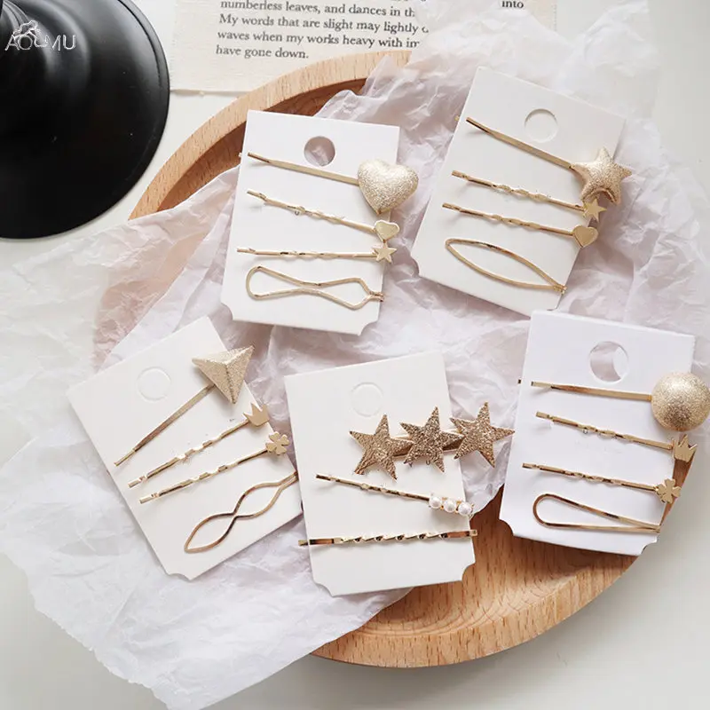 

AOMU 1SET Korea Geometric Irregular Hairpins Round Pentagram Love Heart Hairclips Imitation Pearl Hairgrip Metal Hair Accessorie