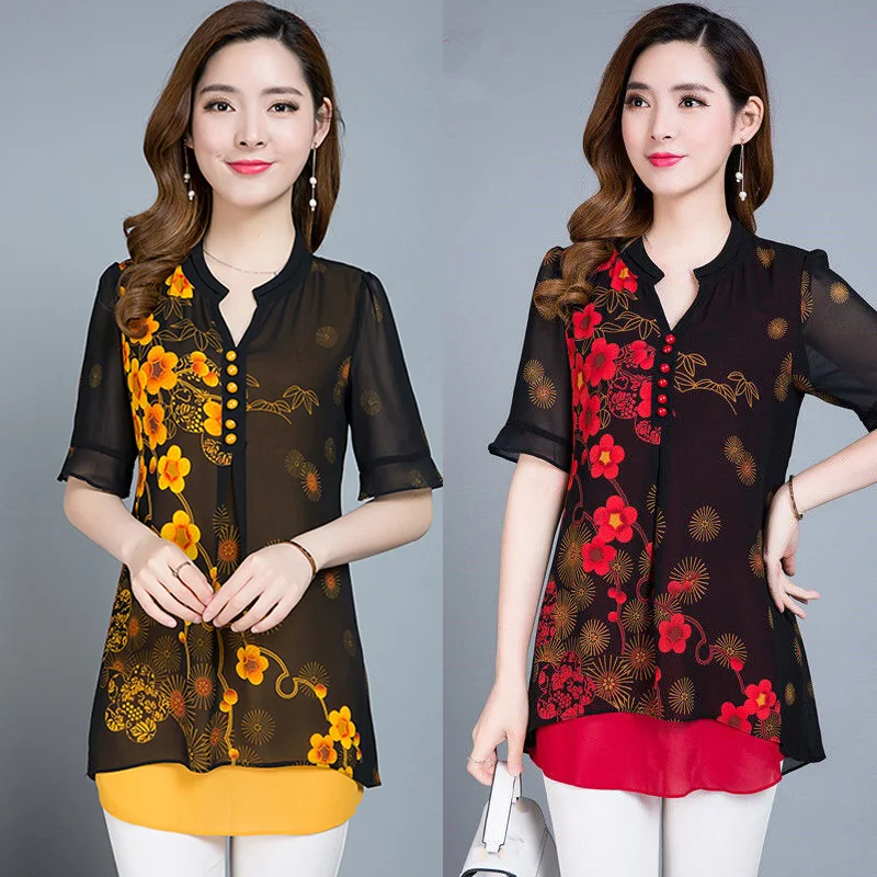 

Summer Casual Women Womans Floral Print Short Sleeve Irregular Yellow Red Blouse Shirt , Woman Loose 5xl Korean Tops And Blouses