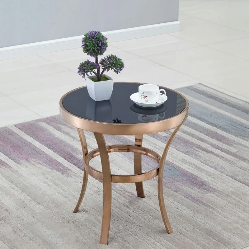 55cm High Small Coffee Table with Metal Frame in Gold / 48cm Round Black Glass Top 55cm High Small Coffee Table with Metal Frame in Gold / 48cm Round Black Glass Top