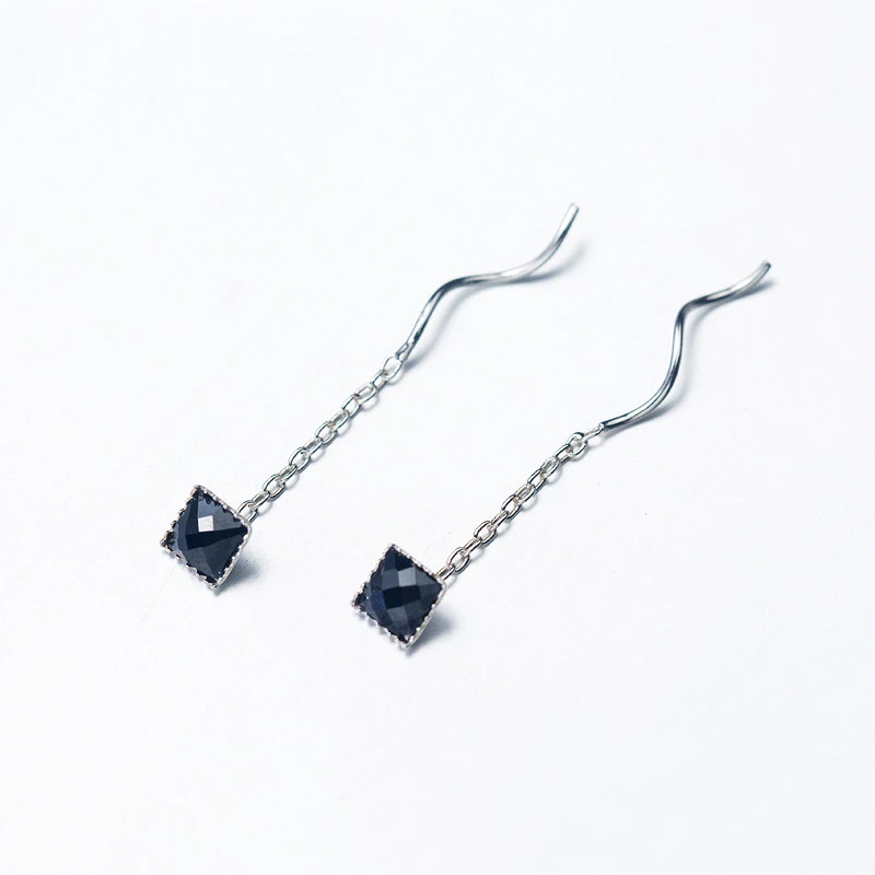 

MloveAcc 925 Sterling Silver Trendy Personality Black Sqaure Drop Earrings Silver Chain Tassel Women Party Jewelry
