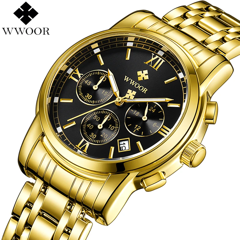 

2018 WWOOR Gold Watch Men Waterproof Business Quartz Clock Mens Watches Top Brand Luxury Stainless Steel Male Sport Wrist Watch