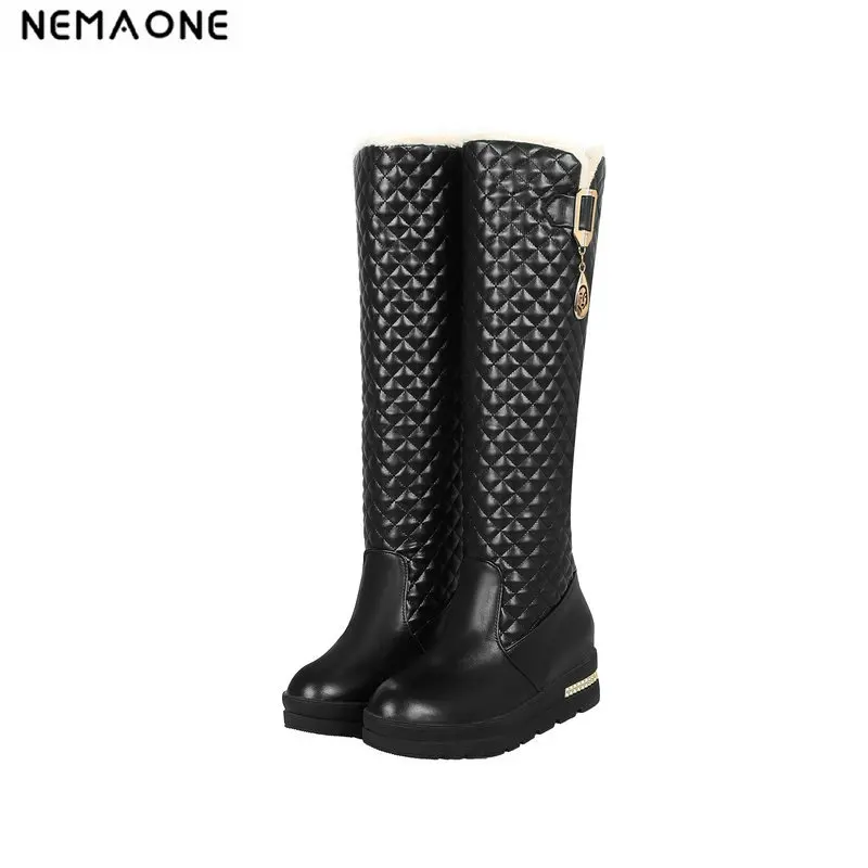 

NemaoNe 2018 Winter Knee high snow Boots Women Fashion Slip-On med wedges heels shoes women boots big size 34-43