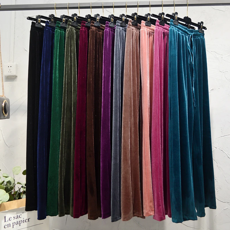 Осенние вельветовые широкие длинные штаны для женщин Зимние новые женские шикарные длинные брюки с металлическим плетением розового и синего цвета