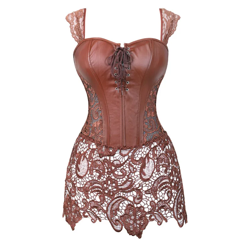 

Women Faux Leather&Lace Burlesque Steampunk Corset Dress Waist Gothic Bustier Corpet Sexy Lingerie Plus Size Black Brown Red