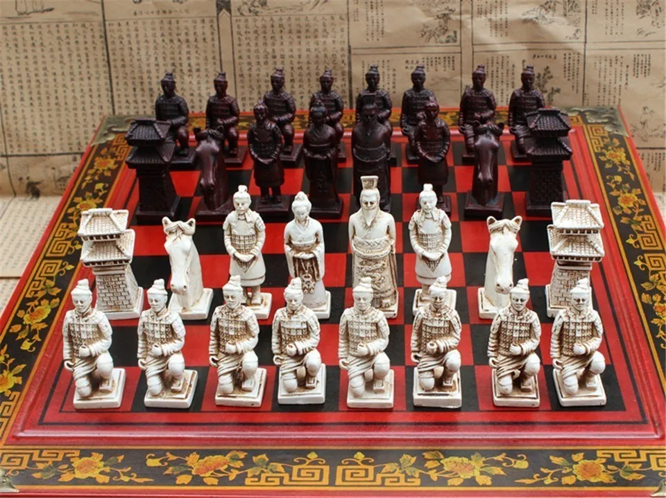 New Wood Chess Chinese Retro Terracotta Warriors Chess Wood Do Old Carving Resin Chessman Oversized Chess Piece Premium