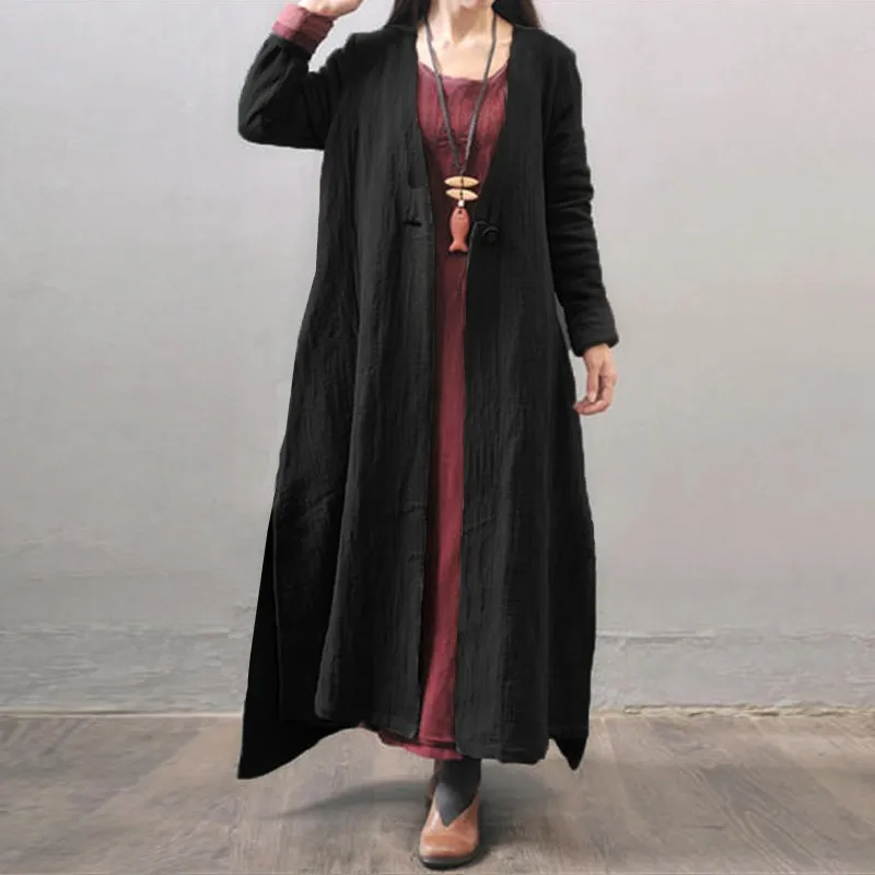 ZANZEA осеннее женское пальто с v-образным вырезом и длинным рукавом, хлопковое льняное пальто с открытой передней частью, длинная куртка, однотонный кардиган размера плюс