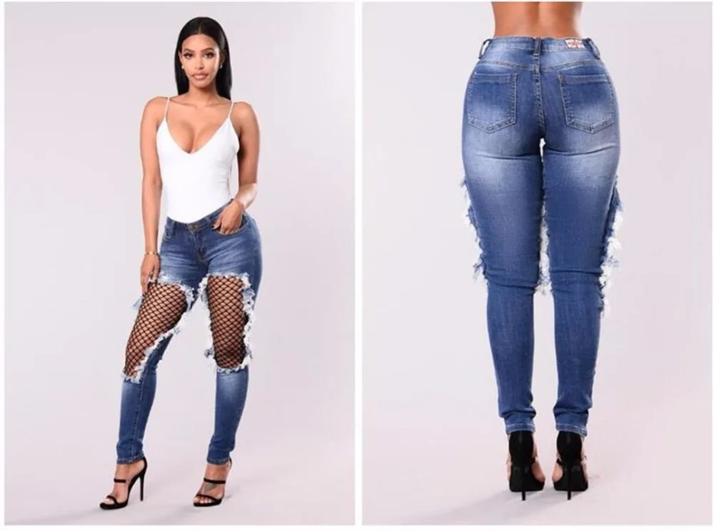 VANLED Новинка 2017 года женские джинсы Sexy Подмигивание Гал модные Рваные джинсы Высокая Талия синий хлопок Skinny Boyfriend повседневные джинсы для