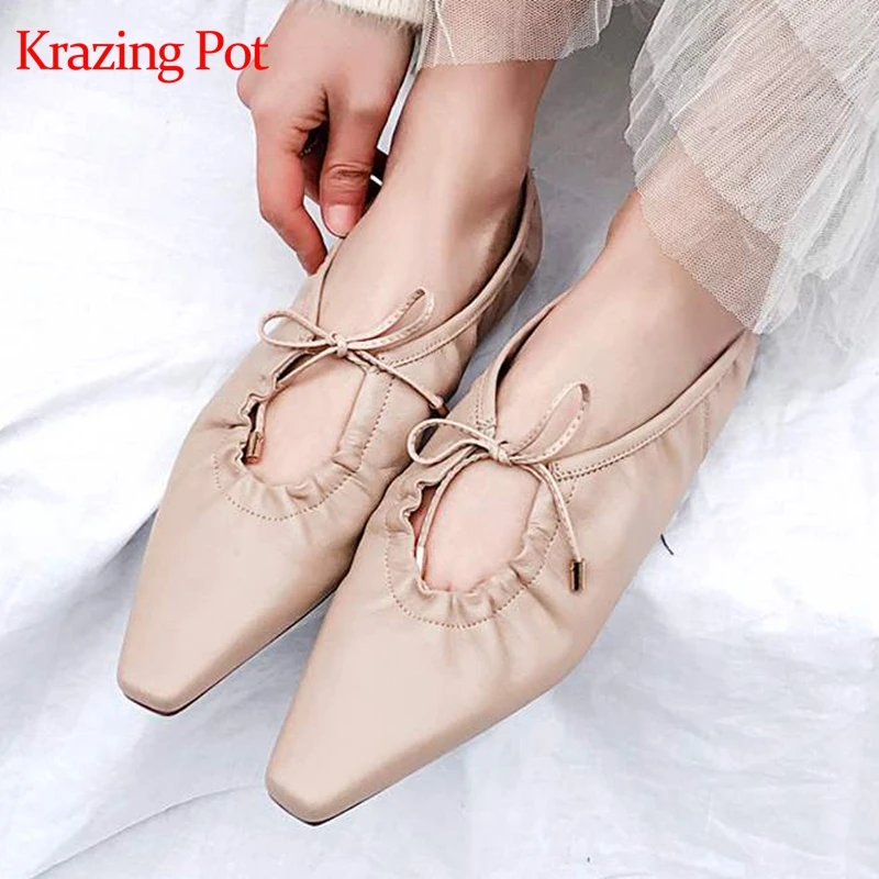 

Krazing Pot hot selling sheep skin lazy woman square toe butterfly-knot lace up handmade pregnant woman loafers ballet flats L83