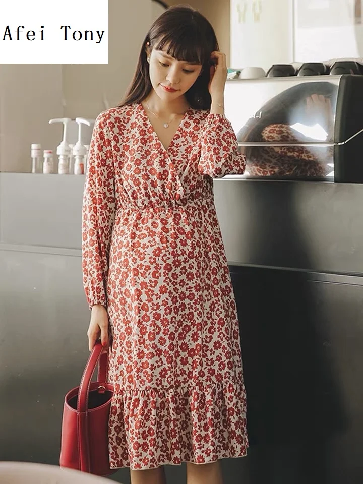

New Maternity Clothes Party Maternity Dresses Breastfeeding Clothes for Pregnant Women Autumn Winter Nursing V-Neck Dress
