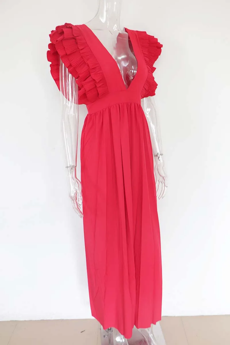 Bonnie Forest сексуальный глубокий v-образный вырез элементы Рюш праздничные шифоновые женские платья Maxi без рукавов длинное платье для отдыха, комплект со штанами, большой Размеры XXXL