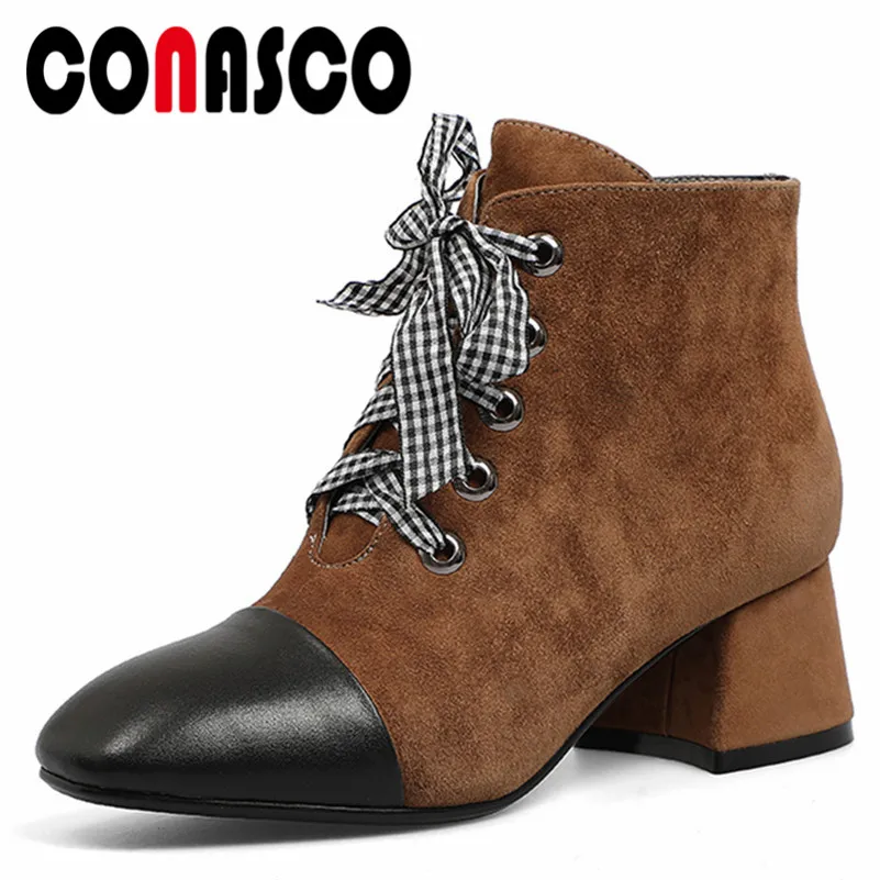 

CONASCO Fashion Women Casual Quality Martin Boots Autumn Winter Warm Suede Leather High Heels Shoes Woman Cross-tied Basic Boots