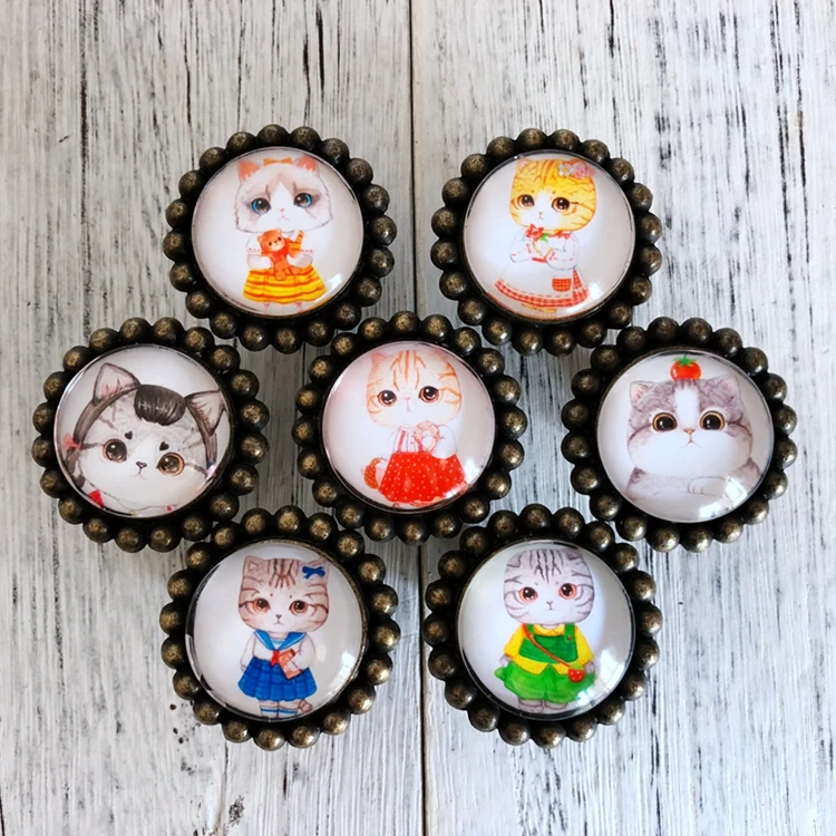 Retro Creative Handle Cute Cat Crystal Door Knobs Knobs and Handles for Kid's Room