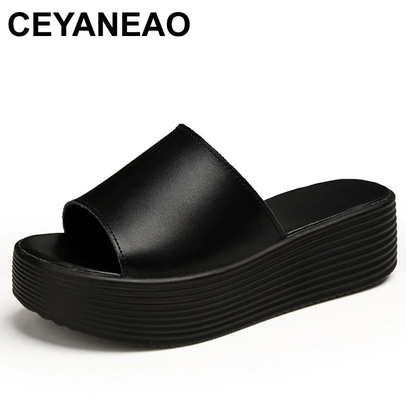 

CEYANEAOFlat Platform Slippers Summer Women Sandals OpenToe Shoes Split Leather Slip On Outside Slides Black White SlippersE2147