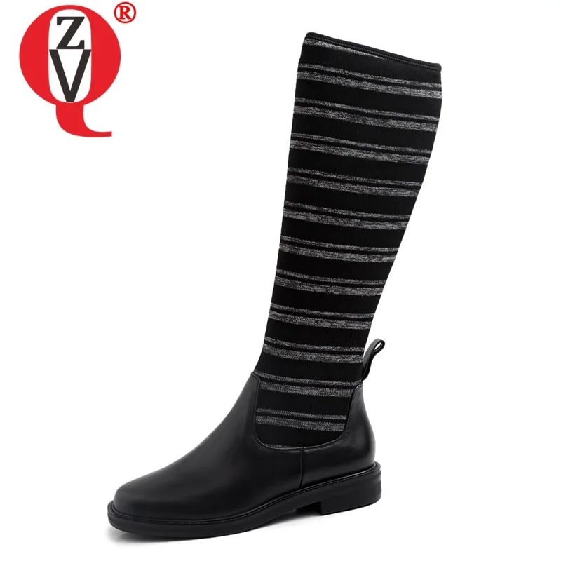 

ZVQ woman shoes winter new concise casual genuine leather knee high boots outside comfortable round toe plus size ladies shoes