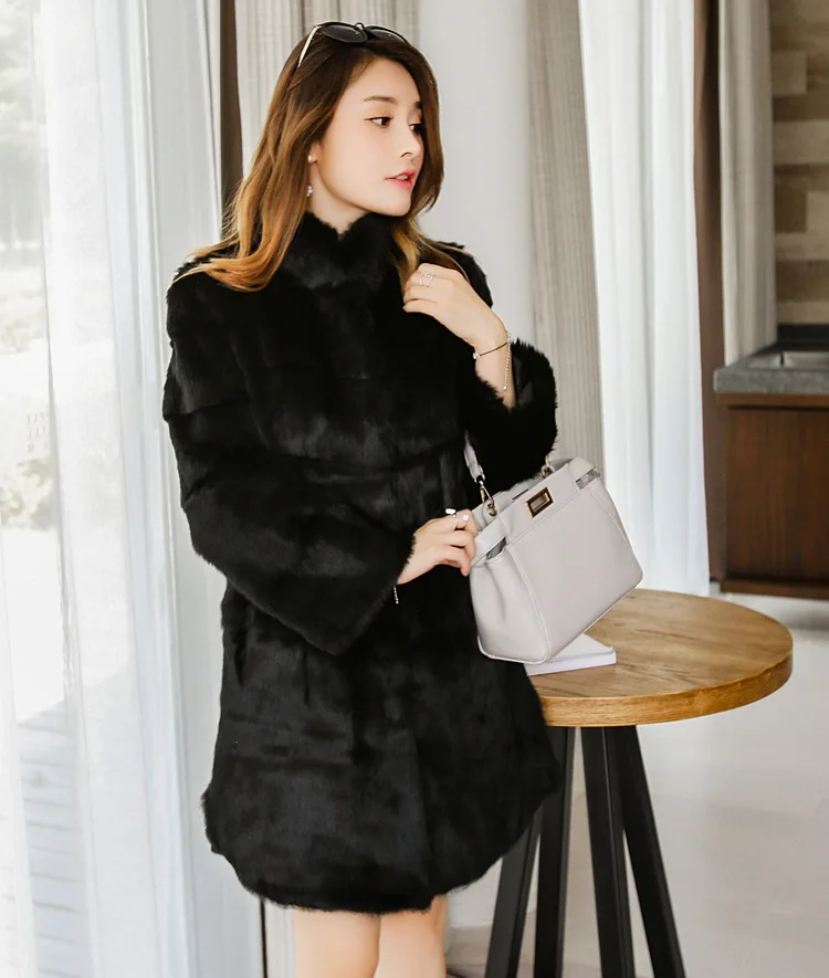 Real genuine natural full pelt whole skin rabbit fur coat women fashion stand collar jacket custom any size