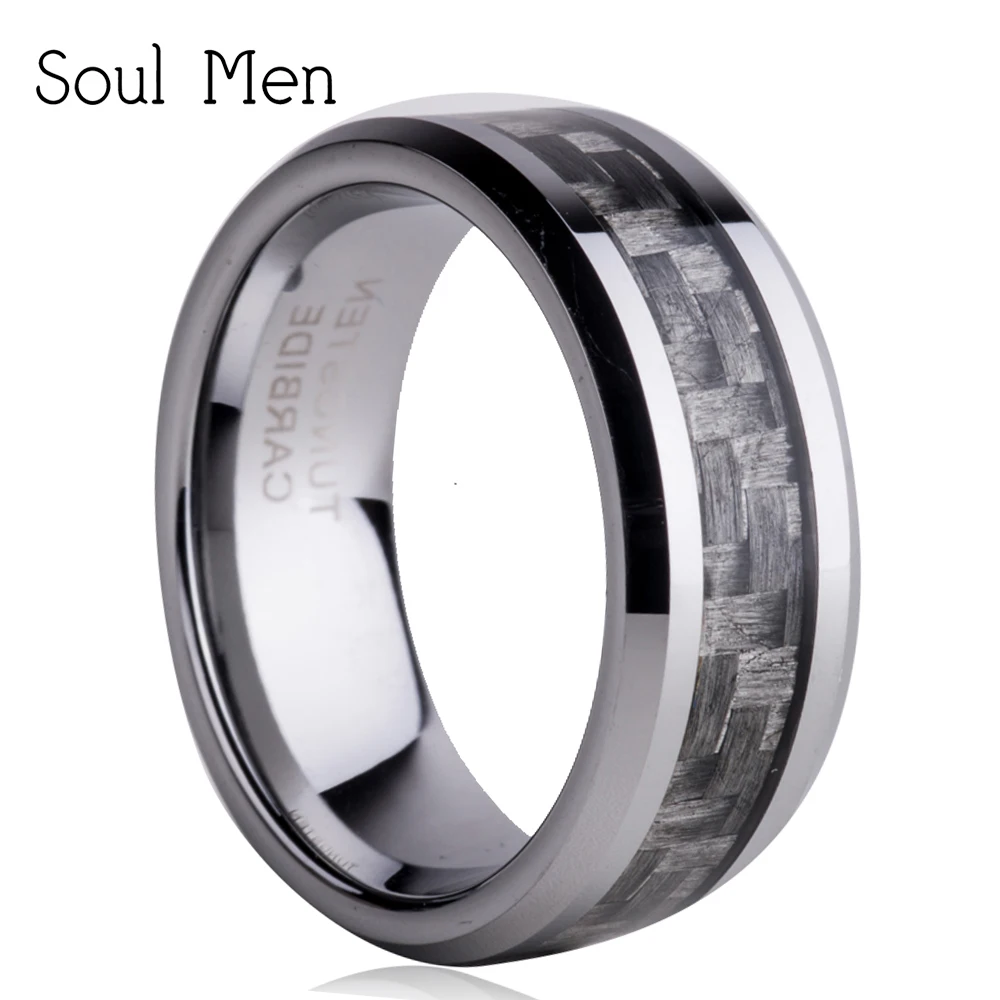 8MM Grey Carbon Fiber Tungsten Carbide Rings For Men Fashion Brand Jewelry Comfort Fit Wedding Band 