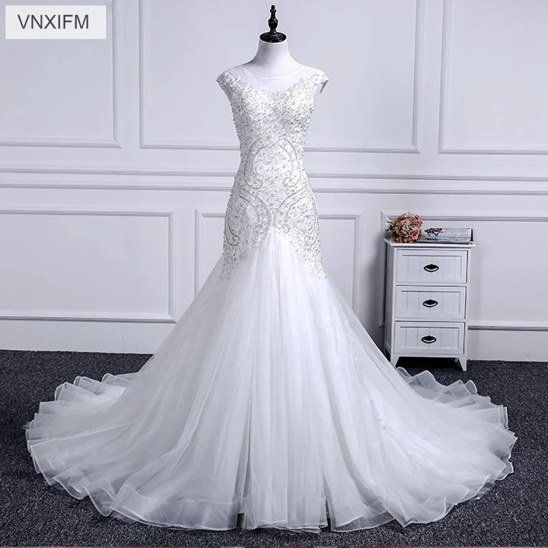 

VNXIFM 2019 Luxury Beading Crystals Mermaid Wedding Dresses Sexy Sleeveless Appliques Ruched Long Bride Wedding Gowns