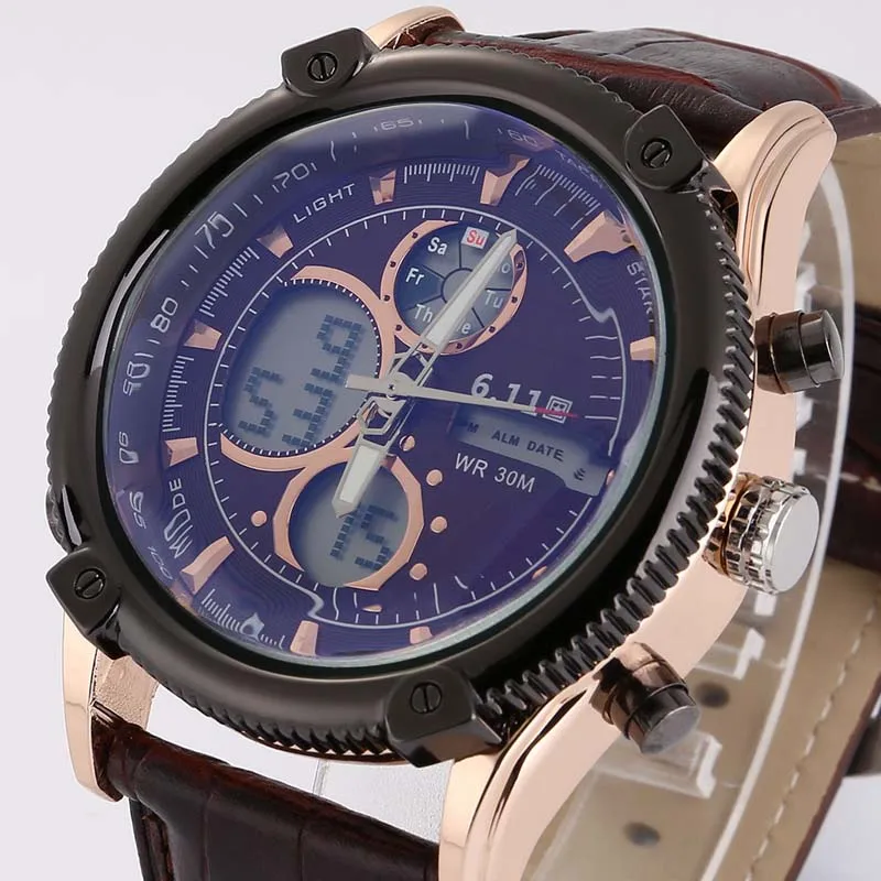 Men Leather Strap Sport Watch Analog Digital Dual Time Zones Wrist