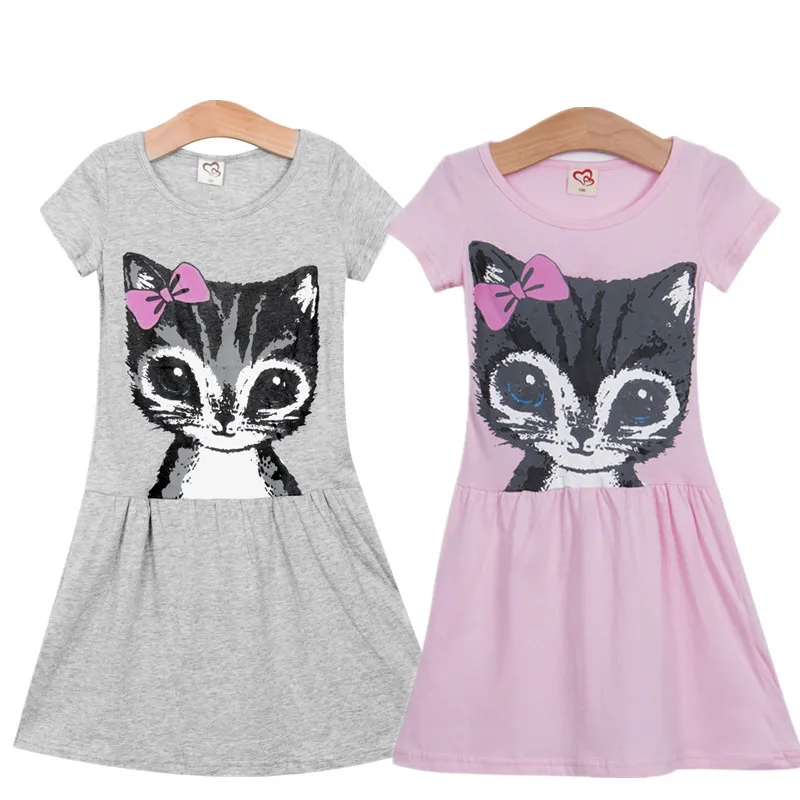 Hot Sale New 2018 summer girl dress cat print grey baby girl dress children clothing children