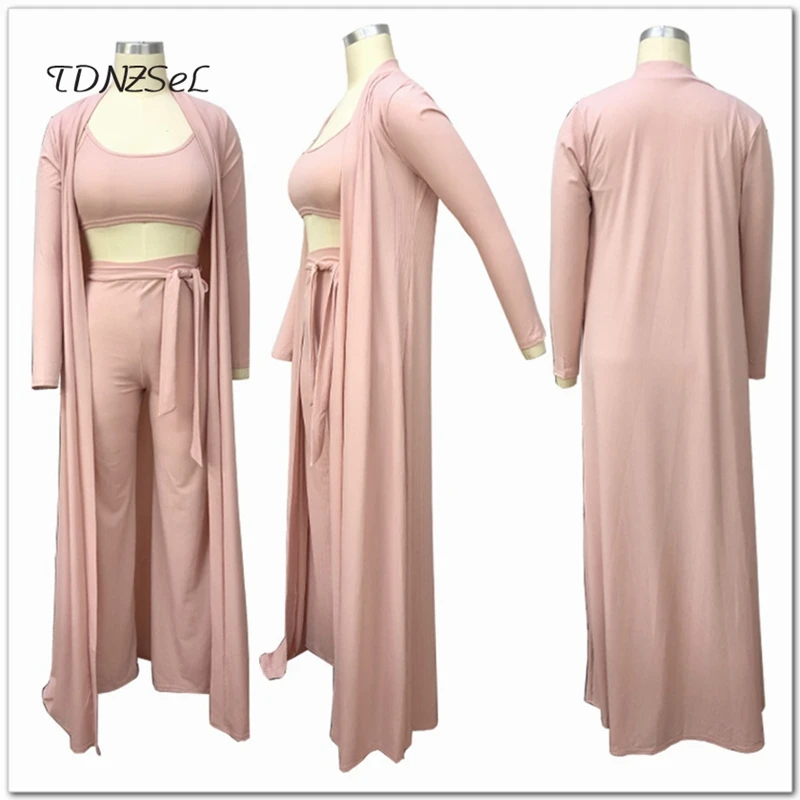Women Casual Cover Up Robe Trousers 3 Three Piece Set Vest Crop Tops Long Sleeve Tunics Suit Elastic High Waist Wide Leg Pants Women's Sets