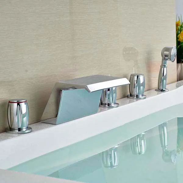 

Contemporary Waterfall Spout Bathroom Tub Faucet with Hand Sprayer Mixer Chrome Polished