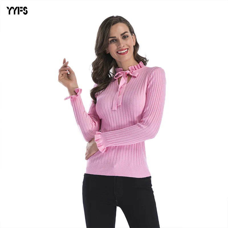 YYFS 2018 New Collar Long-Sleeve Knit Sweater Women Fall Winter Bottom Slim Ruffled Fresh Sweet Solid 5639 | Женская одежда