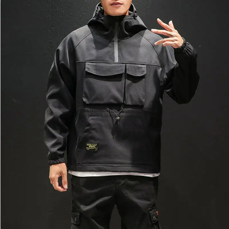 Мужская куртка для работы, куртка с капюшоном для пилота, зимняя бархатная бейсбольная форма большого размера, свободная куртка - Цвет: Черный