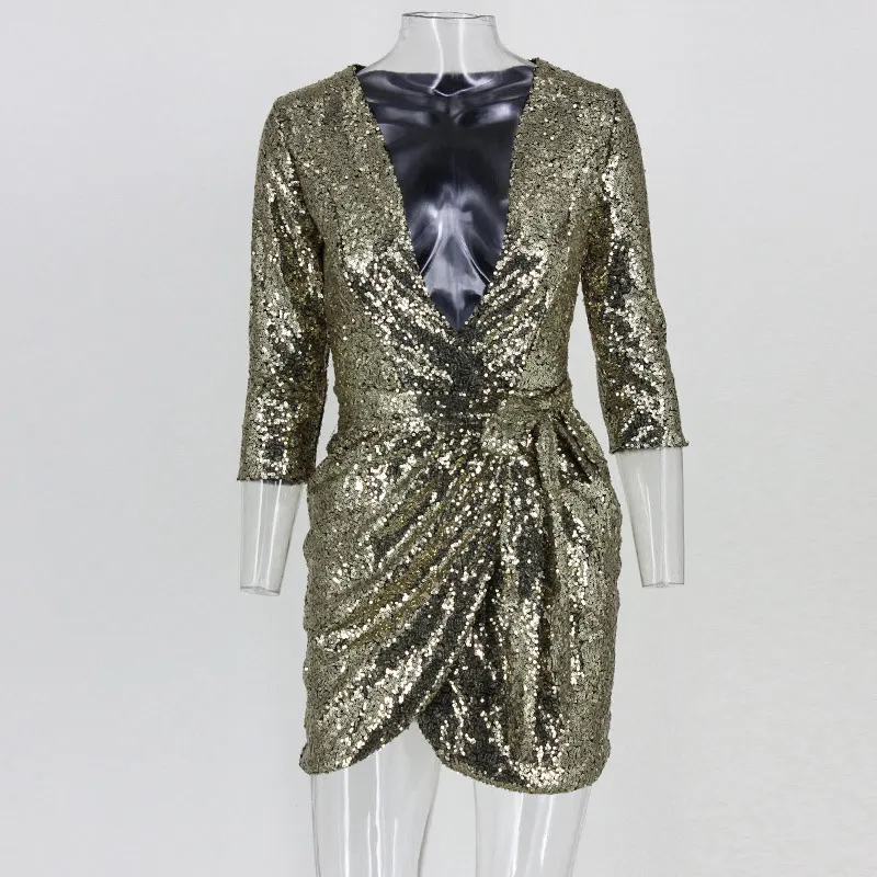 Женское мини-платье с глубоким v-образным вырезом, расшитое блестками, с высокой талией, с золотыми поясами, Сексуальные клубные платья для женщин, Весенняя летняя Черная Женская одежда - Цвет: Золотой