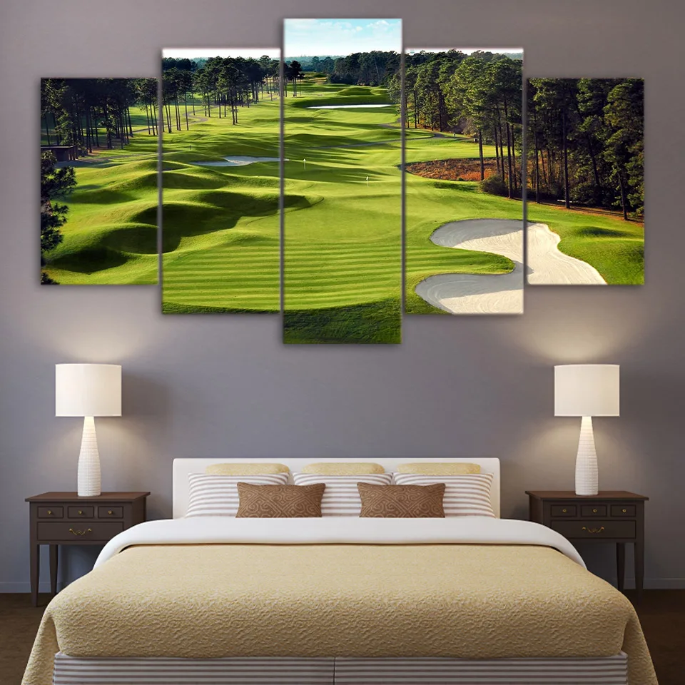 

Modular Wall Art Canvas HD Prints Poster 5 Pieces Golf Course Paintings Home Decor Room Green Trees Landscape Pictures Framework