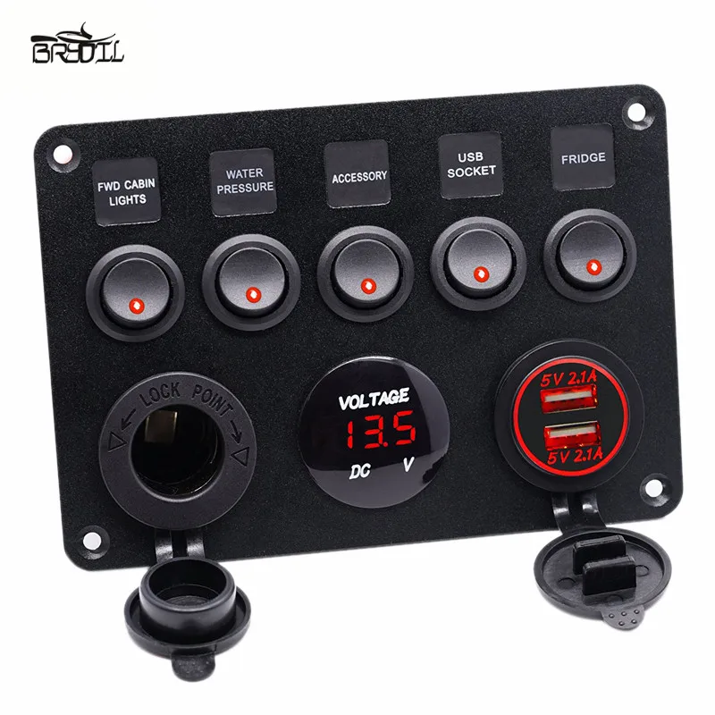 

Truck Dual USB charging 5 Gang On-Off Toggle Control Switch Panel RED LED Voltmeter Circuit Breaker For 12V-24V Car Boat Marine