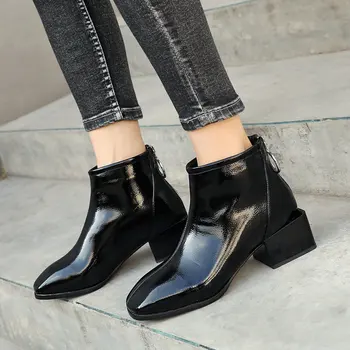 

Back Zipper Red Black Patent Leather Ankle Boots for Women Thick Heel Booties Square Toe Party Dress Ladies Winter Boots 2019