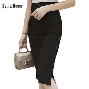 

2019 Fashion Skirts women High Waist Midi Skirt Red Black Bodycon OL Pencil Skirts Buttons Open Slit Elegant Skirts with belts