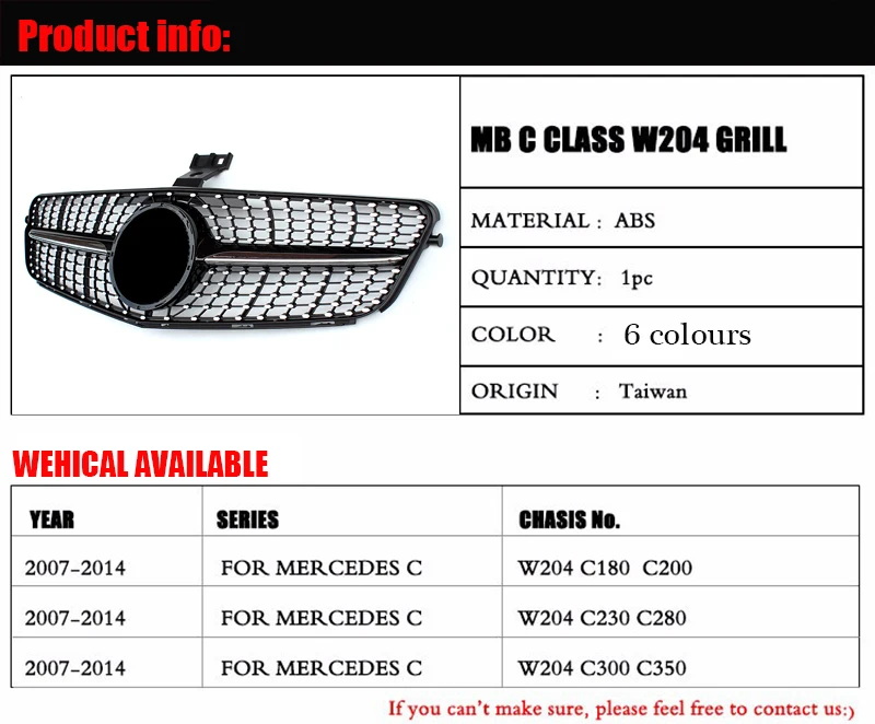 Для merceesmb w204 Алмазная передняя решетка Спортивная ABS серебро c-класс C180 C200 C250 C300 C350 C63 вид решетки без знака 2007-14