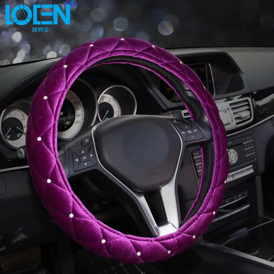 Purple LOEN плюшевый зимний автомобильный чехол на руль, стразы со стразами, универсальный чехол на руль, автомобильные принадлежности, Аксессуары для автомобилей - Название цвета: Purple