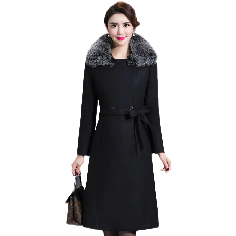 

Winter Woolen Coat Autumn Middle-aged Mediun long Fur collar Woolen Jacket Large size Temperament Luxury Ladies Wool Coat DT0098
