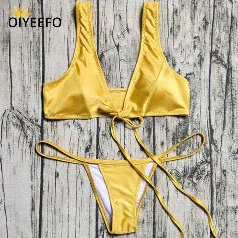 Oiyeefo strappy shiny yellow bikini brazilian sexy g string gold ...