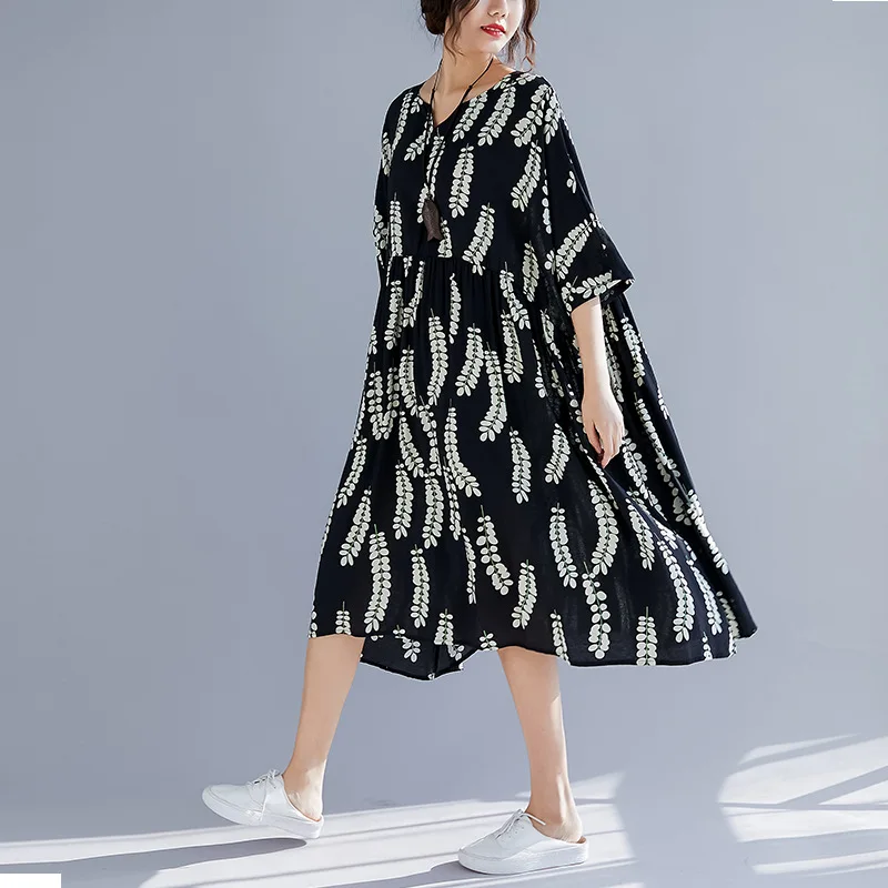 

Johnature 2019 New Style Casual Literary Loose Women Dress Spring Summer Cotton Linen V-neck Dress Plus Size Women Dress