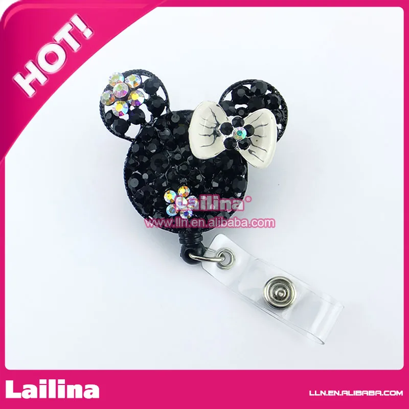 

100pcs/lot Free Shipping Black Rhinestone Minnie Mouse Head ID Badges Card Holder with Retractable Reel and Clip Backing